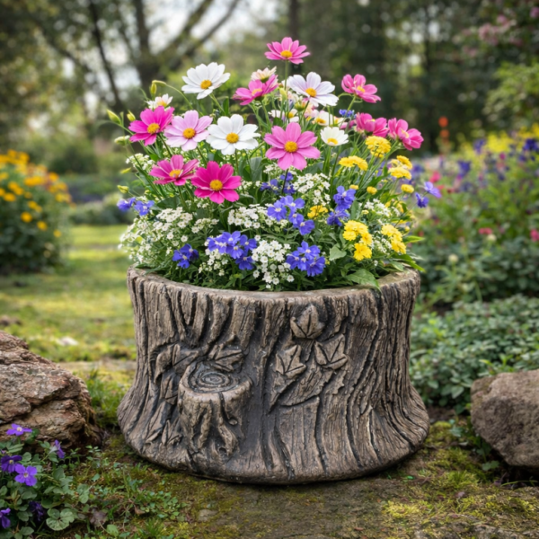 Wood Stump Concrete Garden Pot Planter Concrete Worx Northern Ireland in Garden Setting